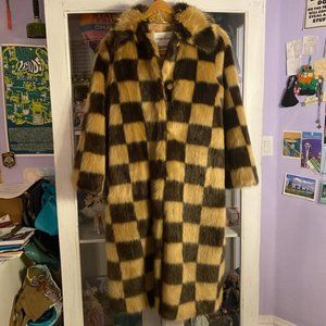 RARE Stand Studio Nino Long Checkerboard Faux Fur Coat, Size EU 34/ US 2 - NWT